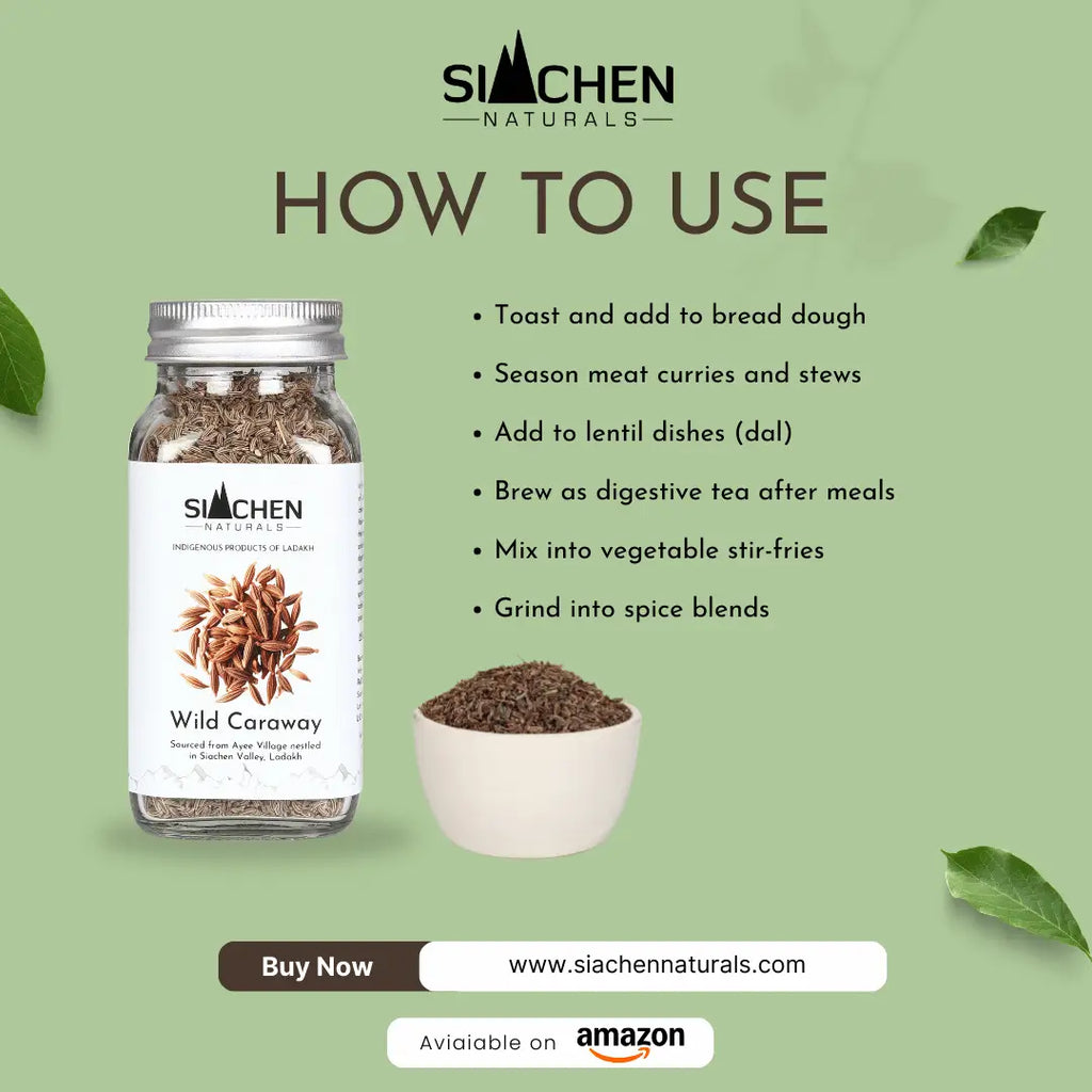 Siachen Naturals wild caraway product with usage instructions on a green background